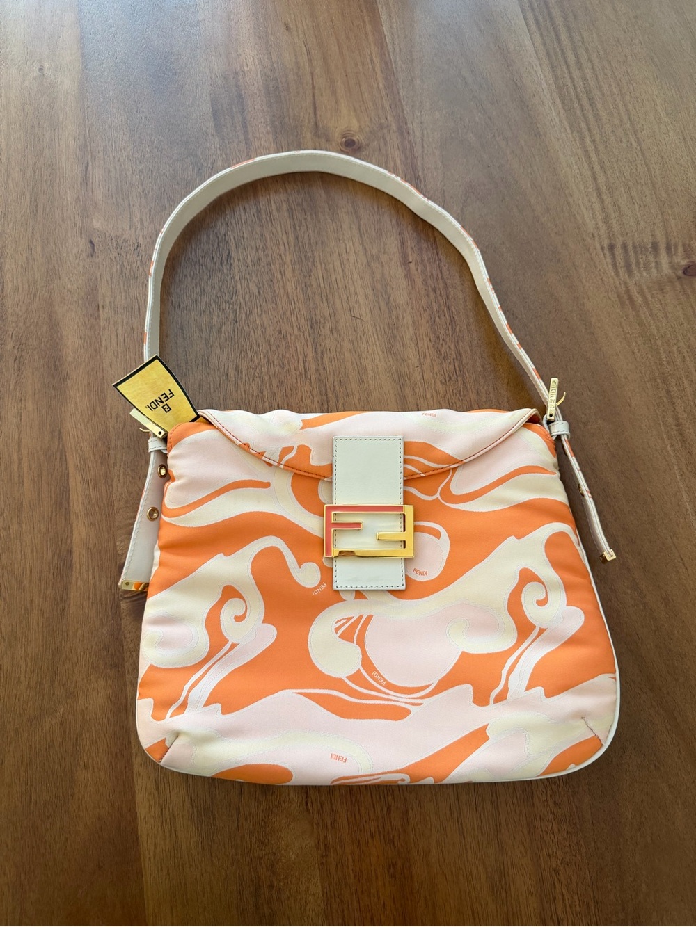 Fendi Orange and Cream Patterned Shoulder Baguette Bag